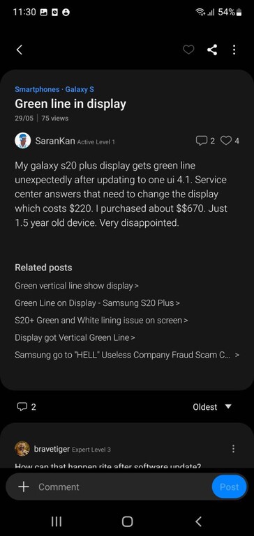 Users complaining about Galaxy S20 Plus display issues on Samsung Members (image via own)
