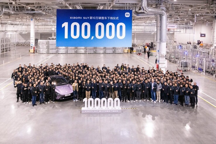 Xiaomi's EV team celebrates as its 100,000th car comes off the line. (Source: Lei Jun via Twitter/X)