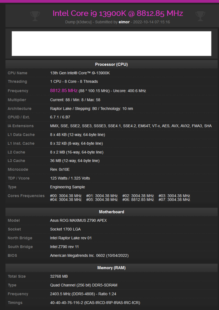Intel Core i9-13900K hits 8.8 GHz (image via HWbot)
