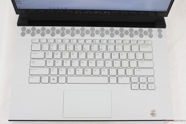 Exact same keyboard and clickpad as on the Alienware m15 R2 including per-key RGB lighting. The Space key is not backlit