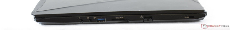 Right: 3.5 mm microphone, 3.5 mm headset, USB 3.0, SDXC card reader, mini SIM, Gigabit RJ-45, Kensington Lock