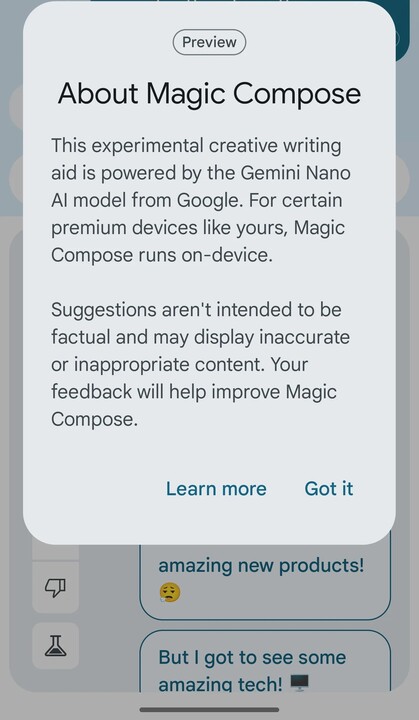 The Magic Compose feature of the Google Messages app running on the Gemini Nano model. (Image source: Android Authority)