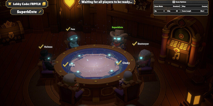 One Last Hand supports online matches for up to six players, with each player taking a seat around the card table before the match begins