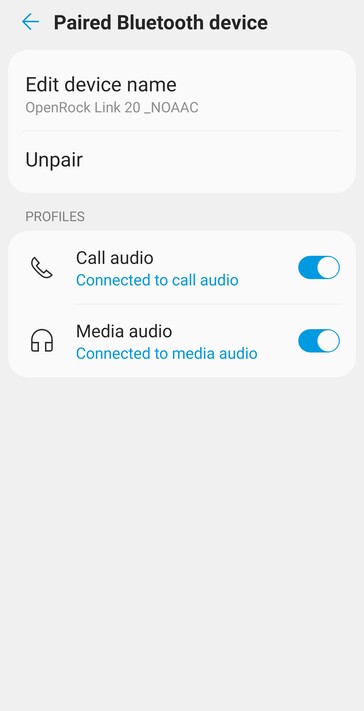 Adding ‘_NOAAC’ to the OpenRock Link 20 name in the Android Bluetooth settings forces the earphones to use the SBC audio codec rather than AAC. (Image source: Notebookcheck)