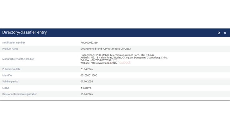 The Reno 16 Pro on Europe's EEC database