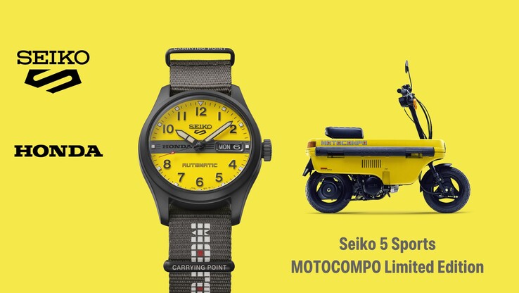 Infographic showcasing the Seiko 5 Sports Field x Honda Motocompo alongside the Motocompo scooter.