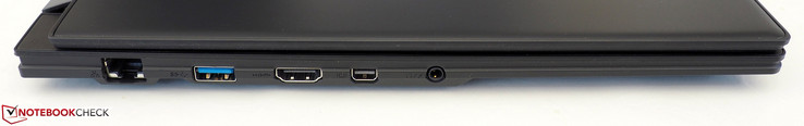 Left: RJ45-LAN, USB-A 3.1 Gen2, HDMI 2.0, Mini-DisplayPort 1.4, 3.5 mm audio jack