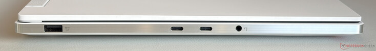 Left side: USB-A 3.2 Gen.1 (5 Gbps, powered), USB-C 4.0 (40 Gbps, DisplayPort 2.1, power delivery 3.1 140W), USB-C 4.0 (40 Gbps, DisplayPort 2.1, power delivery 3.0 100W), 3.5 mm stereo jack
