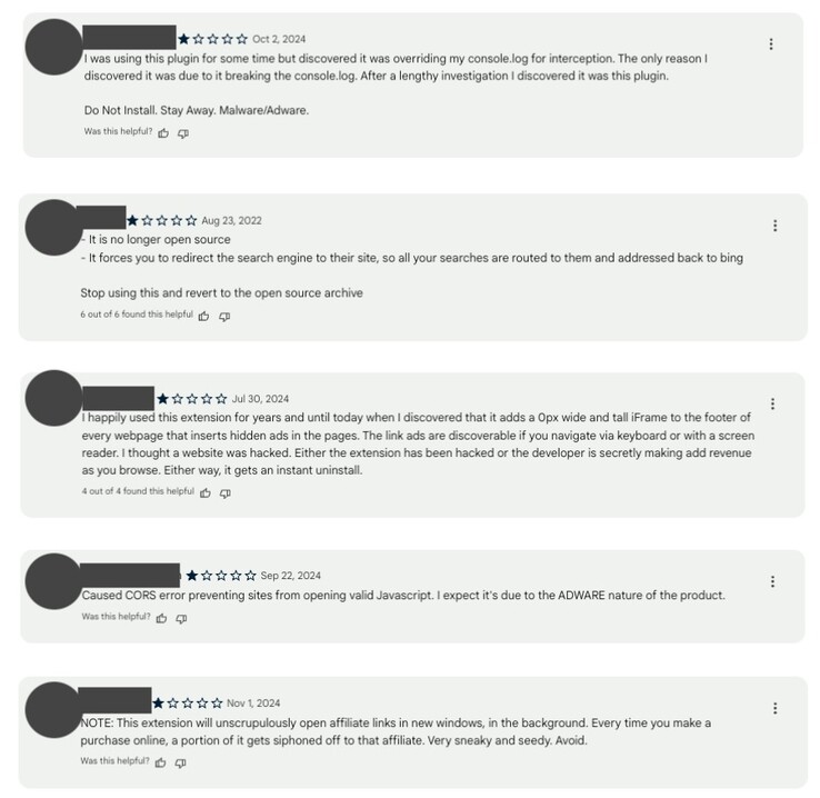 Some reviews from the Chrome Web Store that align with GitLab Security Tech Notes' report. (Image source: GitLab Security Tech Notes / Chrome Web Store)