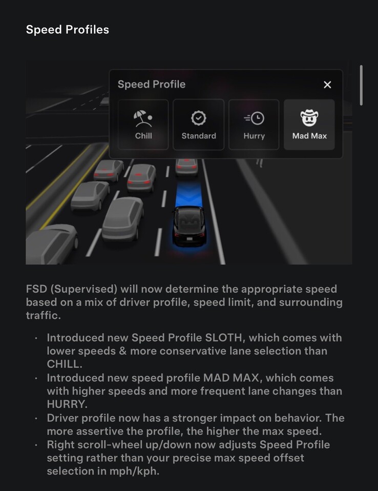 Changelog of the latest FSD 14.1.2 update with Mad Max driving profile. (Image source: Tesla)