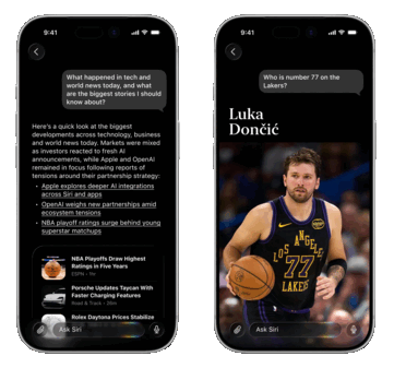 The conversation view should be accessible by swiping down from a Siri result or within the Siri app and includes information cards for results like news and on-device data (left).