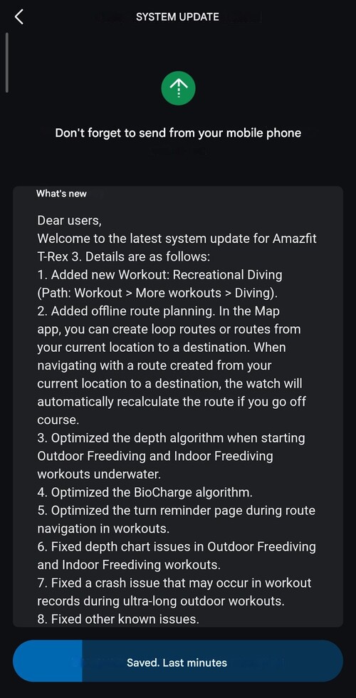 The release notes for software version 4.5.3.3 for the Amazfit T-Rex 3 smartwatch