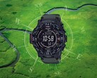 Casio Pro Trek PRW-3510Y-8 outdoor watch with a black case and olive-green silicon strap displayed over an aerial view of a winding river and green wetlands.