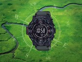 Casio Pro Trek PRW-3510Y-8 outdoor watch with a black case and olive-green silicon strap displayed over an aerial view of a winding river and green wetlands.