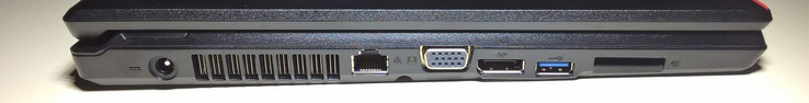 left side -  DC power socket , LAN port, VGA port, DisplayPort output, USB port, SD card reader