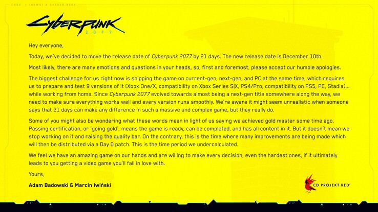 Cyberpunk 2077 will still arrive in 2020, on the plus side. (Image source: CD Projekt Red)