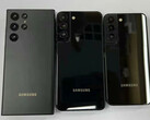The Galaxy S22 Note, Galaxy S22 Plus and Galaxy S22 from left to right. (Image source: @heyitsyogesh)