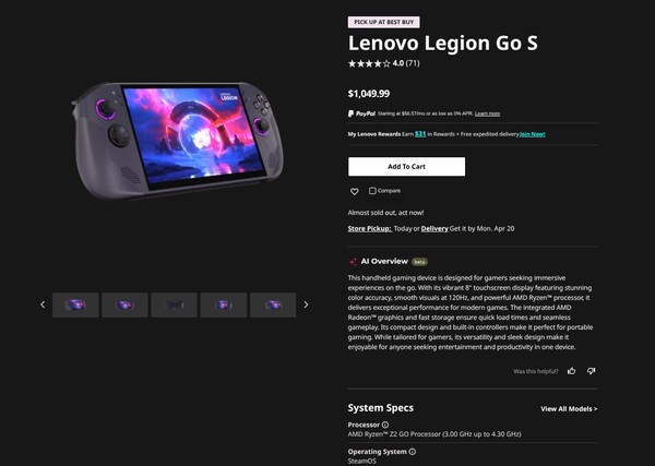 The price of the Legion Go S with SteamOS has been increased by $450.