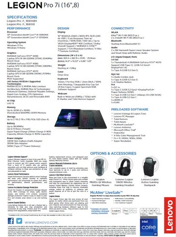 Legion Pro 7i specsheet. (Source: Lenovo)