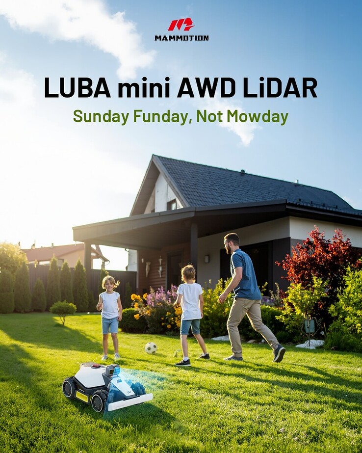 A poster for the Mammotion Luba mini AWD LiDAR Robotic Lawn Mower shared on social media. (Image source: Mammotion)