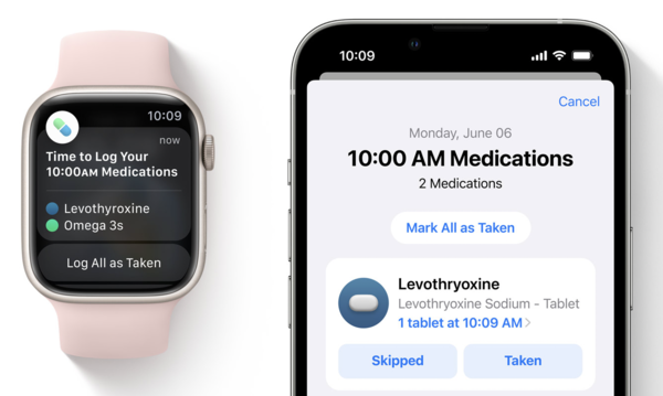 The Medications app is a standalone app on the Apple Watch. On the iPhone, the functionality is buried under a separate menu in the Health app. (Image source: Apple)