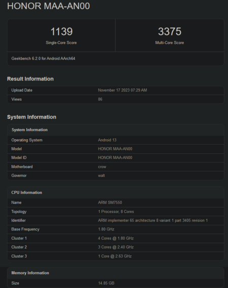 Snapdragon 7 Gen 3 Geekbench score (image via Geekbench)