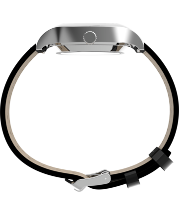 Side profile of the Timex Marlin Chatham Automatic showing its polished cushion case, crown, and black leather strap