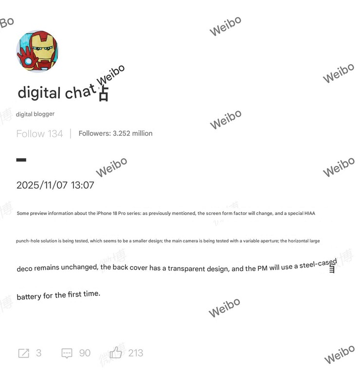 IPhone 18 Pro hardware rumor. (Image source: Digital Chat Station)