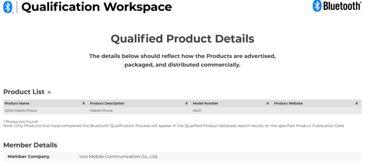 The iQoo 13's Bluetooth SIG certification (Image source: Bluetooth SIG)