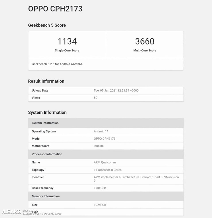 The OPPO CPH2173 also seems to have Android 11 and 12GB of RAM. (Source: Geekbench via SlashLeaks)