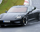 The new Porsche Taycan EV looks sharp in Nürburgring testing spy shots thanks to updated graphics and redesigned headlights. (Image source: Auto Express)