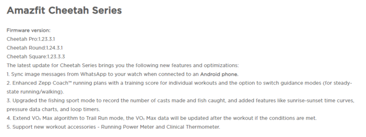 The change log for the new updates for the Amazfit Cheetah series smartwatches. (Image source: Amazfit)