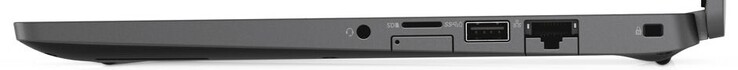 Right-hand side: combo headphone/microphone jack, microSD card reader (top), micro SIM slot (bottom), 1x USB 3.1 Gen 1 Type A, Gigabit Ethernet, Noble Lock