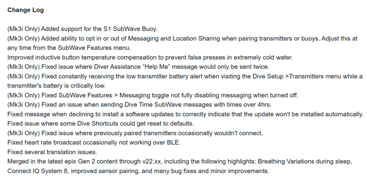 The change log for system software 22.07 for the Descent Mk3 and Mk3i. (Image source: Garmin)