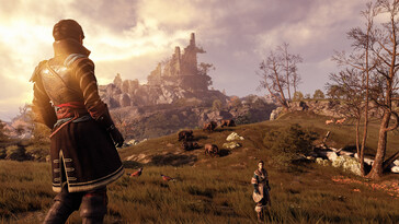 An image showing a landscape and two characters in GreedFall.
