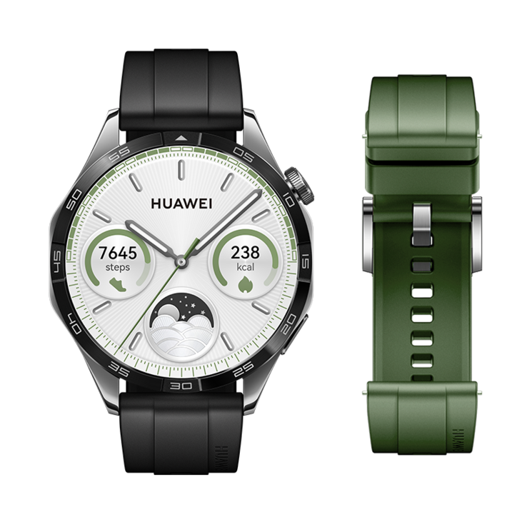 The Huawei Watch GT 4 Spring Edition Black Fluoroelastomer Strap 46mm + Spruce Green Fluoroelastomer Strap 2-in-1. (Image source: Huawei)