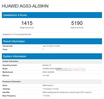 The "MatePad T10" on Indonesia's Sertifikasi database and on Geekbench. (Source: Geekbench 4 via NashvilleChatter)