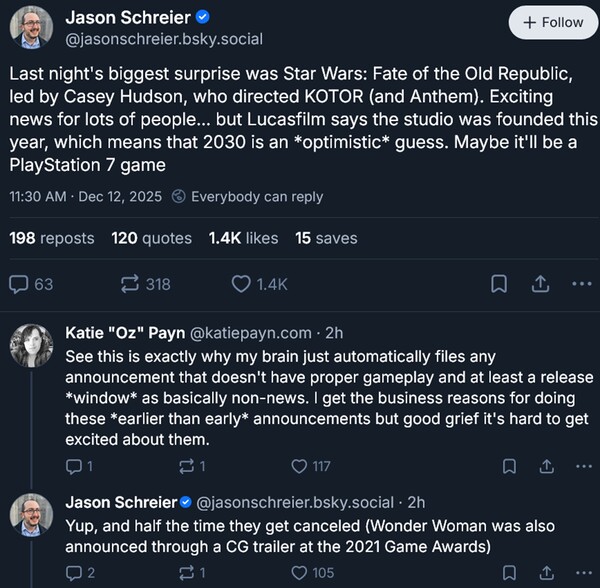 Jason Schreier Star Wars: Fate of the Old Republic release date prediction (Image source: screenshot, Jason Schreier Bluesky account)