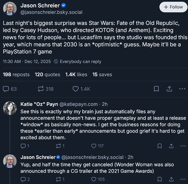 Jason Schreier Star Wars: Fate of the Old Republic release date prediction (Image source: screenshot, Jason Schreier Bluesky account)