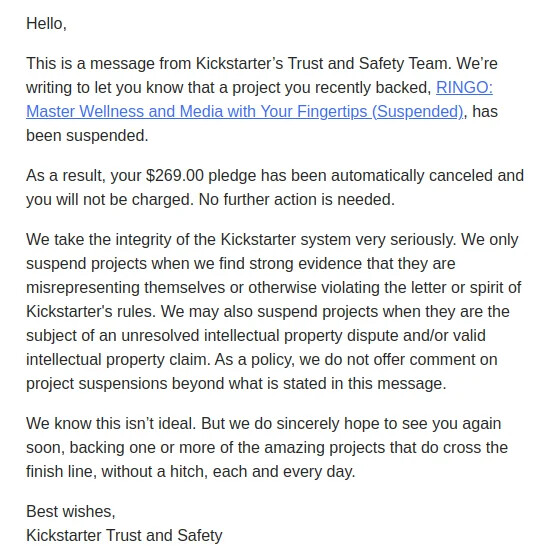An email from Kickstarter to backers of the Ringo campaign. (Image source: Kickstarter)