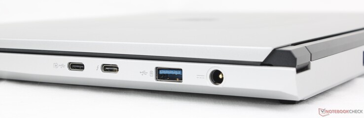 Right: USB-C 3.2 Gen. 2 w/ DisplayPort 1.4, USB-C w/ Thunderbolt 4 + DisplayPort + Power Delivery, USB-A 3.2 Gen. 2, AC adapter