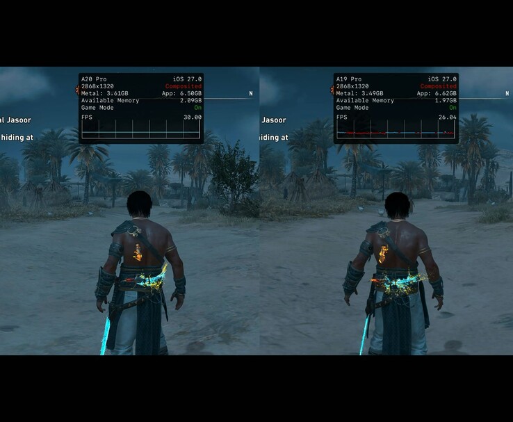 Assassin’s Creed Mirage running on the iPhone 18 Pro Max and iPhone 17 Pro Max, showing the FPS difference.