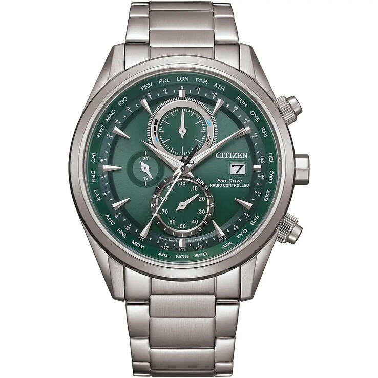 Citizen AT8260-85x with a green dial, three subdials, stainless steel case, and three-link bracelet.