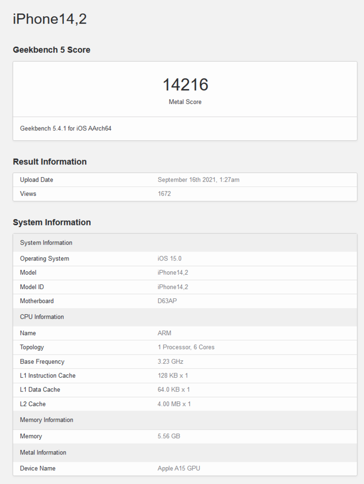 A15 Bionic on Geekbench's Metal benchmark (image via Geekbench)