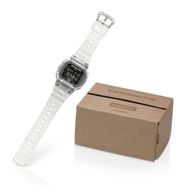 Custom packaging of the G-Shock DW-5600TNT-7 displayed next to the watch.