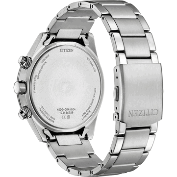 Caseback of the Citizen World Chronograph A.T. AT8260-85X with Eco-Drive and H800 movement markings, attached to a stainless steel bracelet.