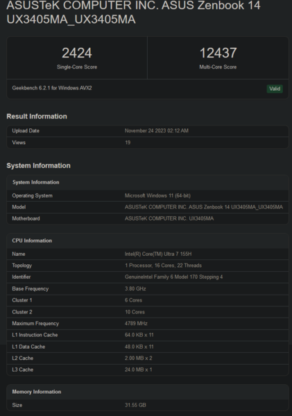 Intel Core Ultra 7 155H Geekbench score (image via Geekbench)