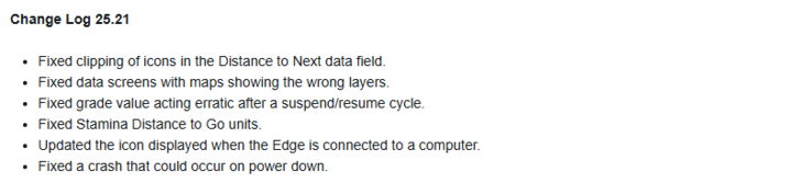The change log for beta version 25.21 for Garmin X40 Edge bike computers. (Image source: Garmin)