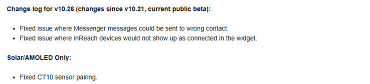 The release notes for beta version 10.26 for Garmin Instinct 3 series smartwatches. (Image source: Garmin)