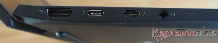 Left: HDMI, 2x USB-C 4 (Thunderbolt 4, DisplayPort, Power Delivery), audio (headset/mic)